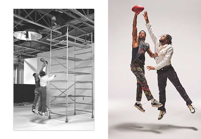 Stefon and Trevon Diggs jump for a football